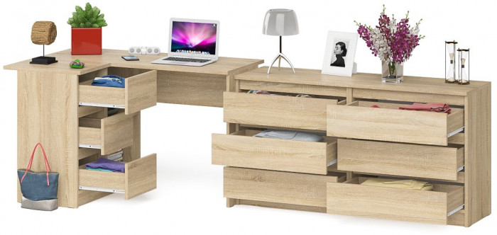 Мори компьютерный стол МС-16 левый + Комод МК1380.6, дуб сонома