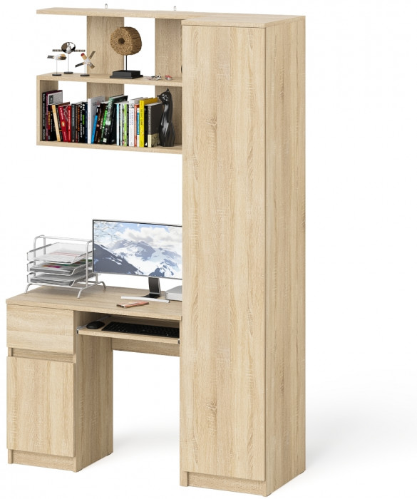 Мори Стол компьютерный МС-1 левый + Пенал МШ400.1 + Полка 900, цвет дуб сонома, ШхГхВ 130,4х50,4х209,6 см., НЕ универсальная сборка