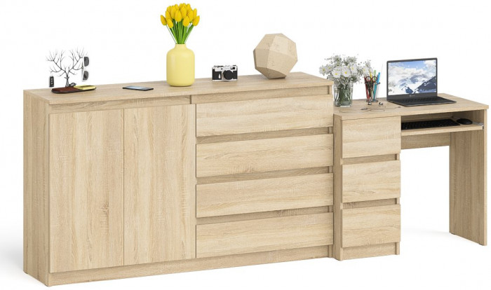 Мори Стол компьютерный МС-6 левый + Комод МК1600.1, цвет дуб сонома, ШхГхВ 250,4х50х94 см., выдвижные ящики слева, НЕ универсальная сборка