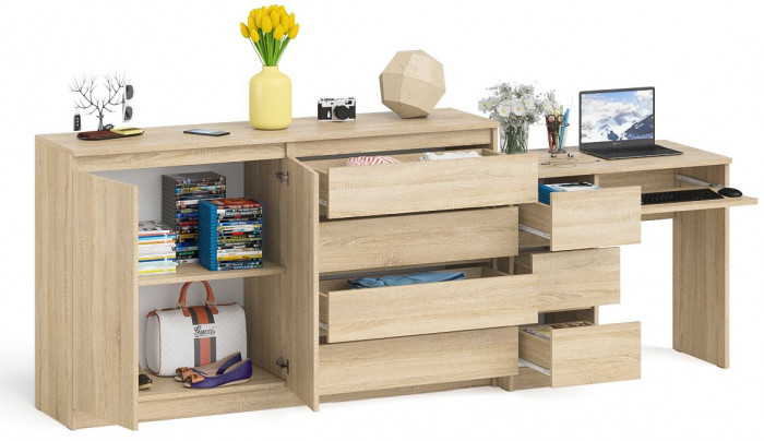 Мори Стол компьютерный МС-6 левый + Комод МК1600.1, цвет дуб сонома, ШхГхВ 250,4х50х94 см., выдвижные ящики слева, НЕ универсальная сборка