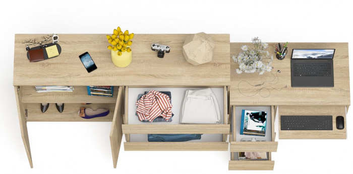 Мори Стол компьютерный МС-6 левый + Комод МК1600.1, цвет дуб сонома, ШхГхВ 250,4х50х94 см., выдвижные ящики слева, НЕ универсальная сборка