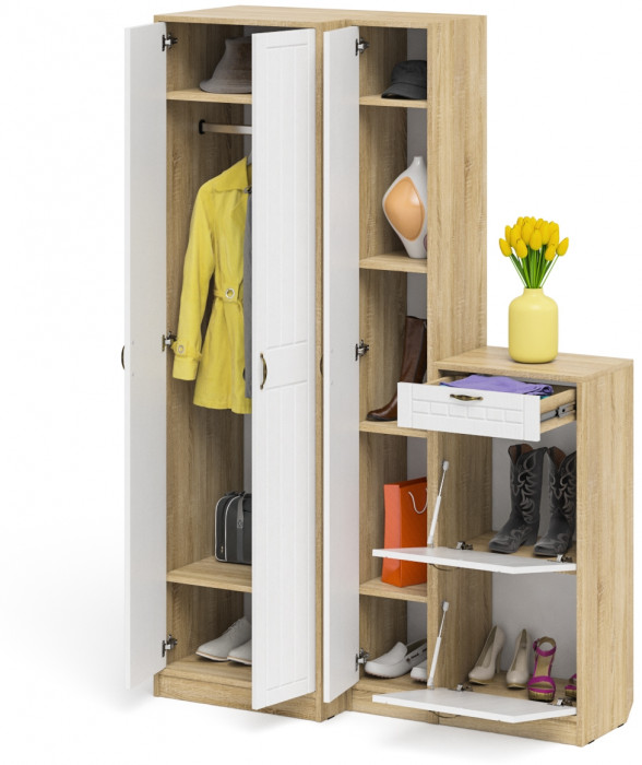 Прихожая П-6 Компоновка № 28, дуб сонома/фасады МДФ белое дерево фрезеровка прованс