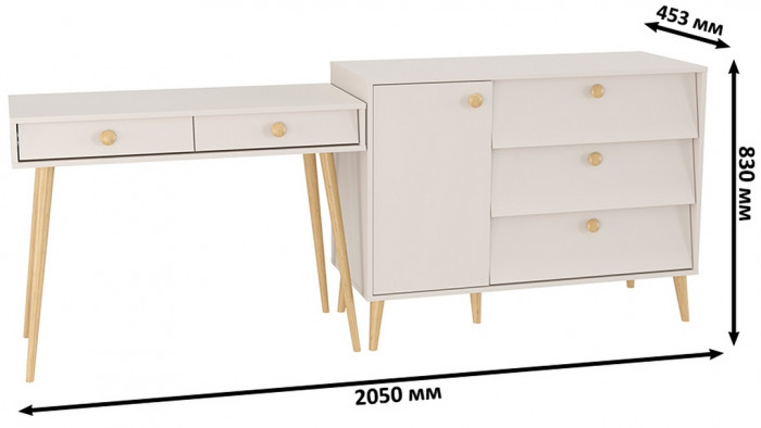 Афина Спальня Стол + Комод с дверкой и тремя ящиками, кашемир серый