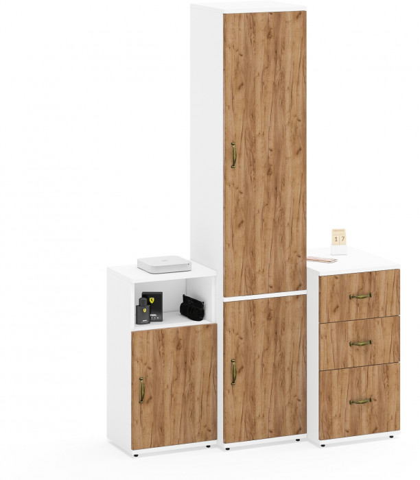 Лидер-8 Пенал МД 22Б + Тумба МД 3.16 + Тумба МД 3.19, белый шагрень/крафт золото