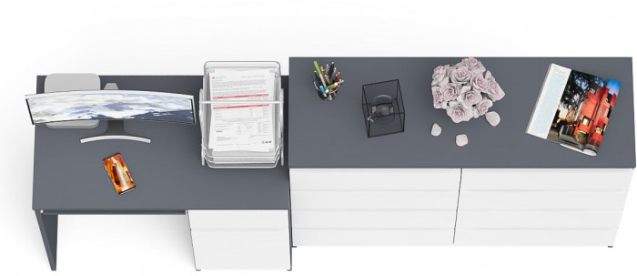 Мори компьютерный стол МС-1 правый + Комод МК1200.8, графит/белый