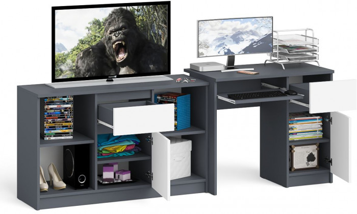 Мори компьютерный стол МС-1 правый + Тумба МТВ1204.1, графит/белый