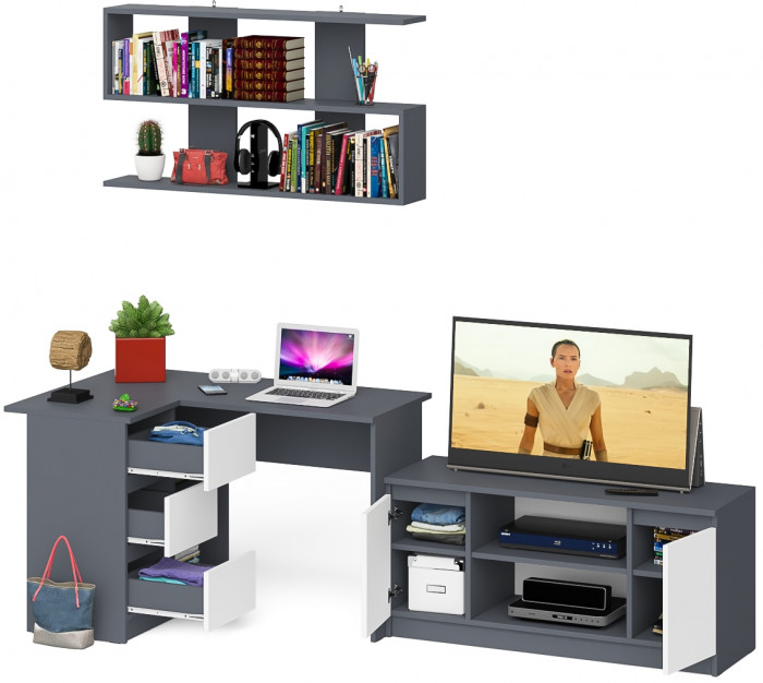 Мори компьютерный стол МС-16 левый + Тумба МТВ1200.1 + Полка 1200, графит/белый