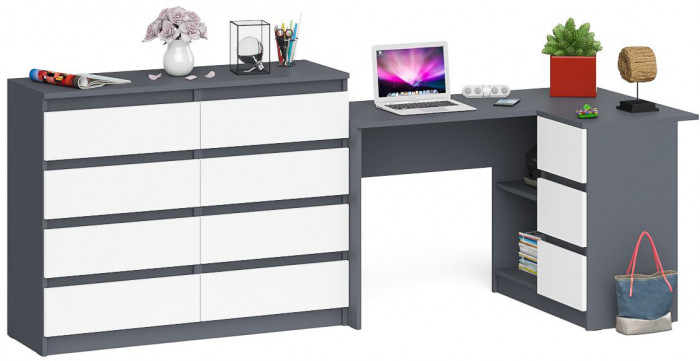 Мори компьютерный стол МС-16 правый + Комод МК1200.8, графит/белый