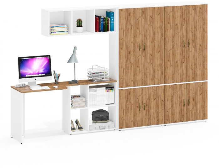 Лидер-8 Стол + Полка + Шкаф МД 20Б + Шкаф МД 20Б, цвет белый шагрень/крафт золото, ШхГхВ 325х50/37,5х75/190 или 115х240/50х75/190 см., НЕ ун. сборка