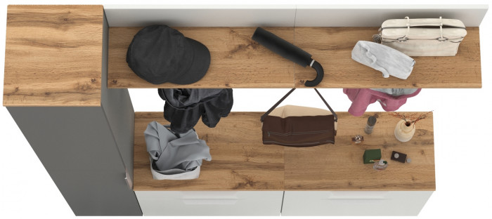 Октава Прихожая 52, цвет белый шагрень/серый графит/дуб крафт золотой/фасады МДФ белый шагрень/серый графит, ШхГхВ 162х35,4х197,6 см., ун. сборка