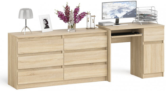 Мори компьютерный стол МС-1 правый + Комод МК1380.6, дуб сонома