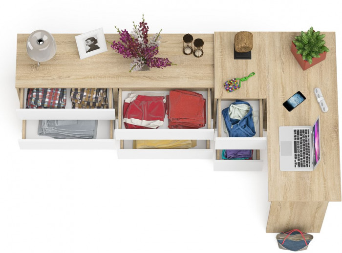 Мори компьютерный стол МС-16 левый + Комод МК1380.6, дуб сонома/белый