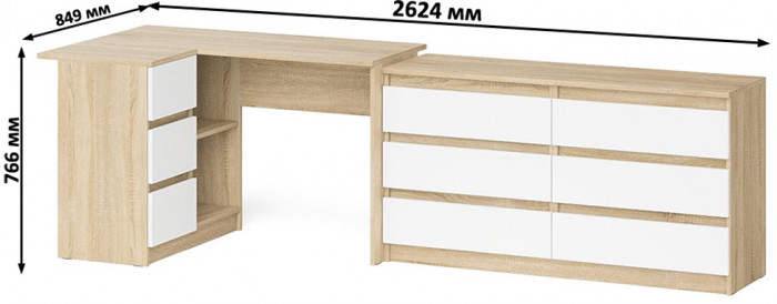 Мори компьютерный стол МС-16 левый + Комод МК1380.6, дуб сонома/белый