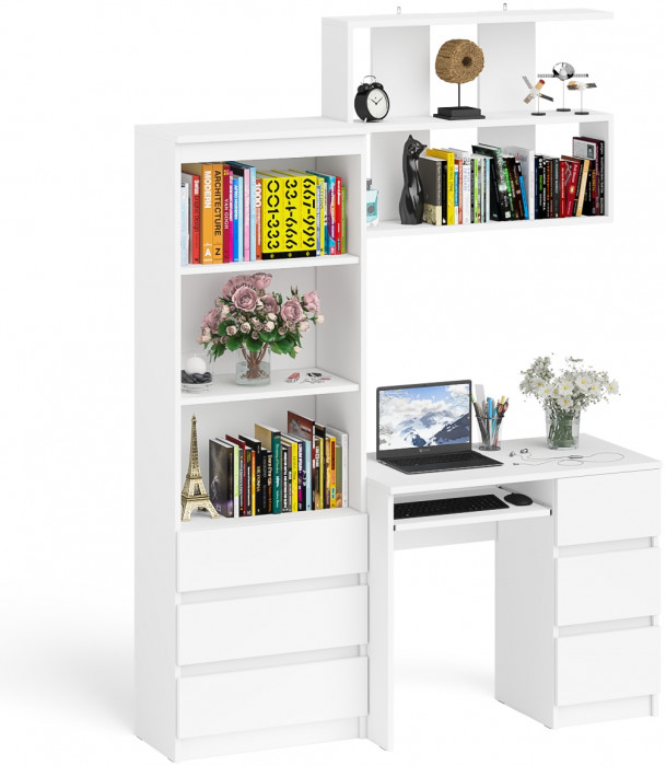 Мори компьютерный стол МС-6 правый + Стеллаж МСТ600.3 + Полка 900, белый