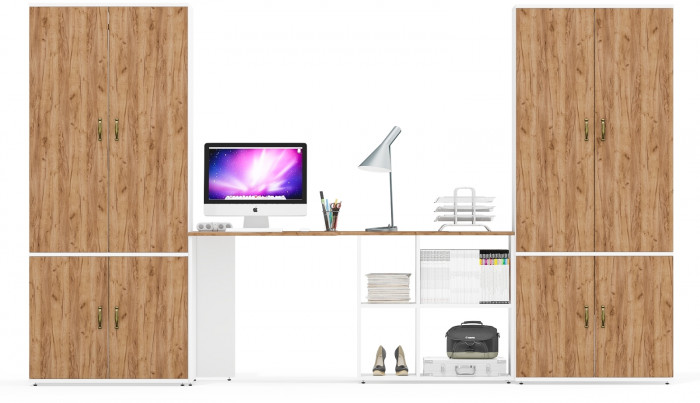 Лидер-8 Шкаф МД 20Б + Стол + Шкаф МД 19Б, белый шагрень/крафт золото