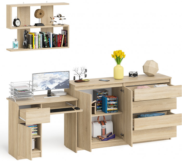 Мори компьютерный стол МС-1 левый + Комод МК1600.1 + Полка 900, дуб сонома