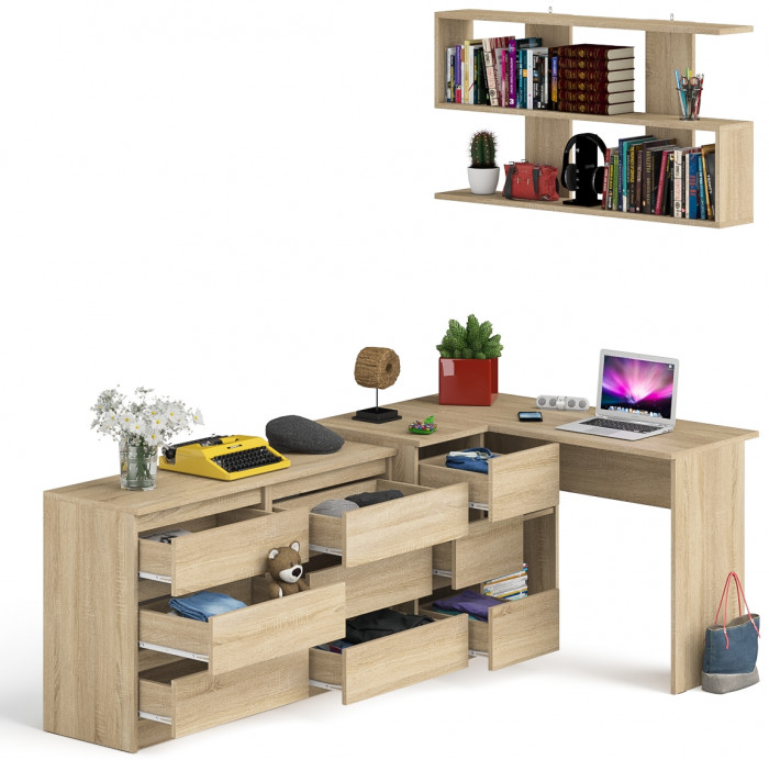 Мори компьютерный стол МС-16 левый + Комод МК1200.6 + Полка 1200, дуб сонома