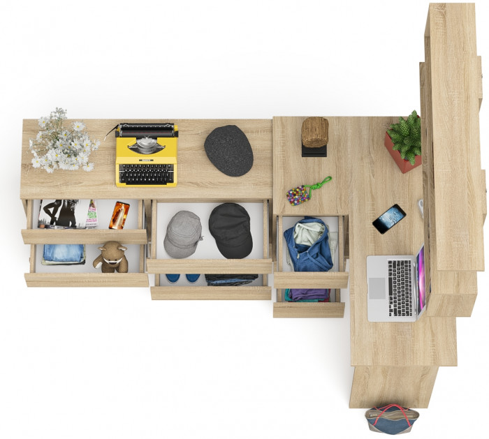 Мори компьютерный стол МС-16 левый + Комод МК1200.6 + Полка 1200, дуб сонома