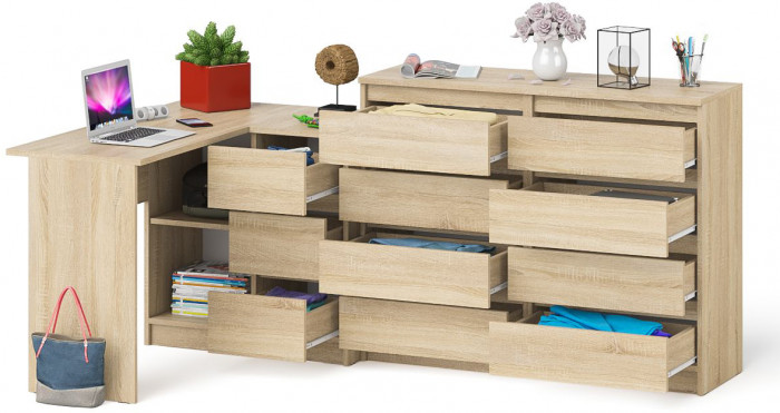 Мори компьютерный стол МС-16 правый + Комод МК1200.8, дуб сонома