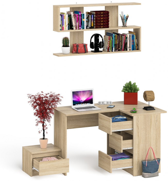 Мори компьютерный стол МС-16 правый + Тумба ТМП400.1 + Полка 1200, дуб сонома