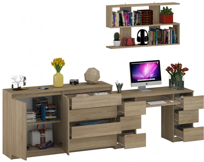 Мори компьютерный стол МС-2 + Комод МК1600.1 + Полка 1200, дуб сонома