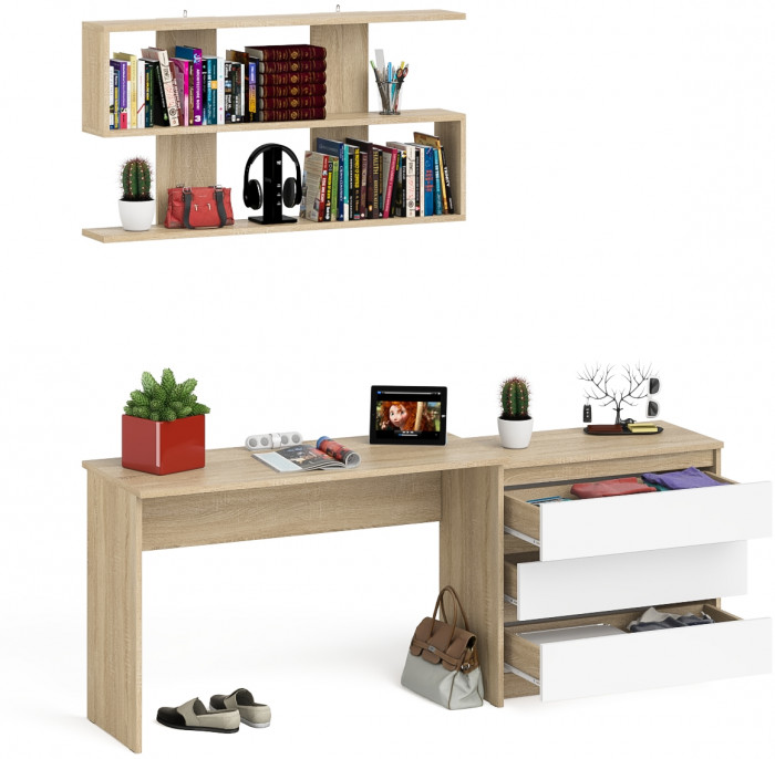 Мори письменный стол МСП1200.1 + Комод МК800.1 + Полка 1200, дуб сонома/белый