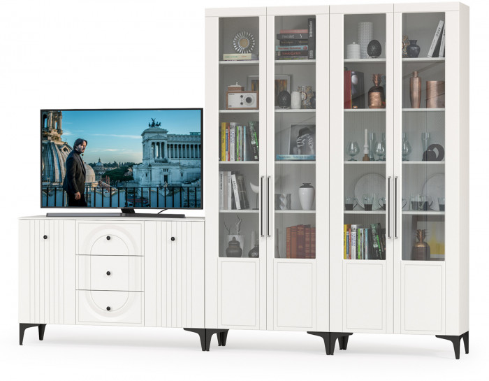 Валенсия Гостиная № 111, цвет ЛДСП белый шагрень/МДФ белый шагрень, ШхГхВ 301,4х38,4х225,2 см., универсальная сборка