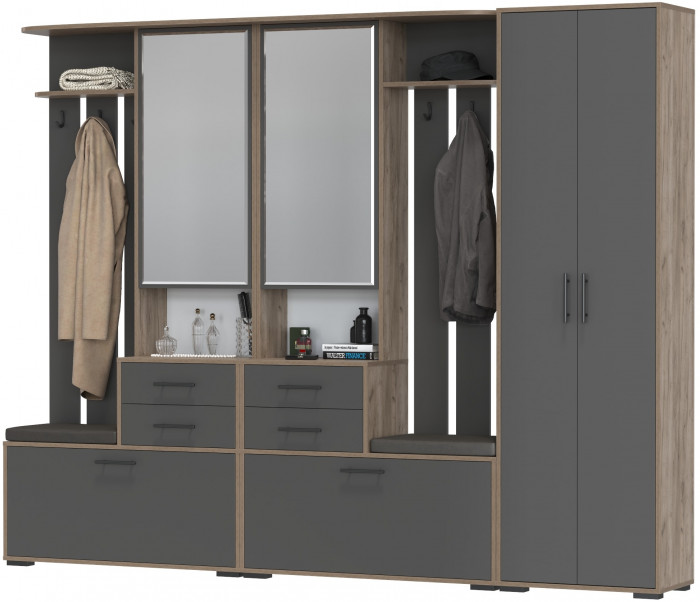 Прихожая Домино 3, цвет дуб крафт табачный/графит, ШхГхВ 260х36х202 см., универсальная сборка