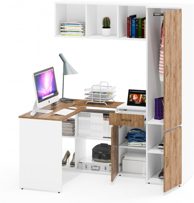 Лидер-8 Стол + Полка + Тумба МД 3.15 + Пенал МД 23Б, белый шагрень/крафт золото