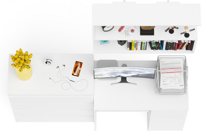 Мори Стол компьютерный МС-1 правый + Комод МК800.4 + Полка 900, цвет белый, ШхГхВ 170,4х50х209,6 см., НЕ универсальная сборка