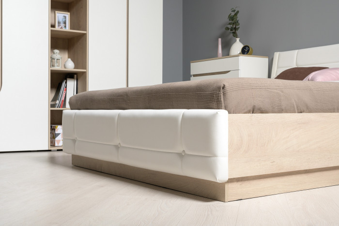 Муссон Спальня № 05, цвет белый/дуб эндгрейн элегантный/искусственная кожа белая, подъёмный ортопед, сп. м. 1600х2000 мм., б/м