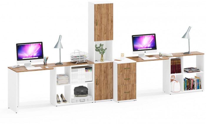 Лидер-8 Стол + Стол + Пенал + Тумба МД 3.16, белый шагрень/крафт золото