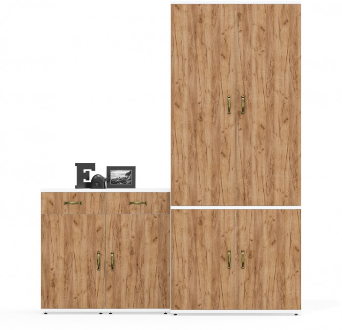 Лидер-8 Шкаф МД 20Б + Тумба МД 3.15 + Тумба МД 3.15, белый шагрень/крафт золото