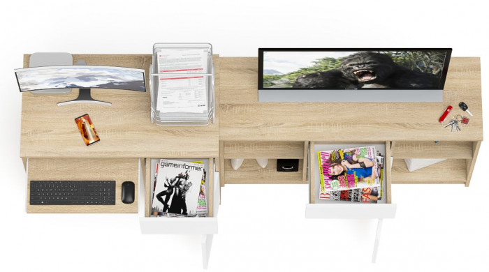 Мори компьютерный стол МС-1 правый + Тумба МТВ1204.1, дуб сонома/белый