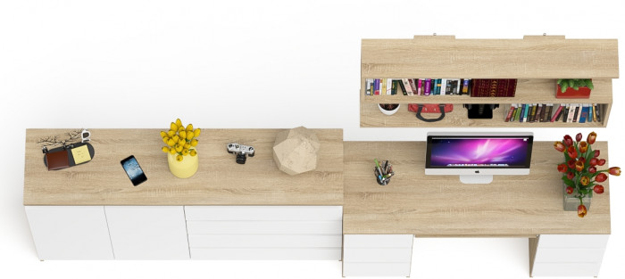 Мори компьютерный стол МС-2 + Комод МК1600.1 + Полка 1200, дуб сонома/белый