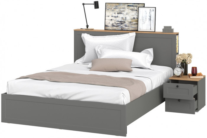 Остин 11.53 Кровать + ортопед + 16.152 Тумба прикроватная, серый графит/дуб крафт золотой