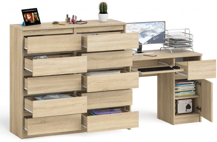 Мори Стол компьютерный МС-1 правый + Комод МК1200.10, цвет дуб сонома, ШхГхВ 210,4х50х115 см., выдвижной ящик справа, НЕ универсальная сборка