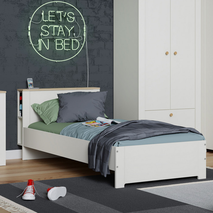 Джастин 11.54 Кровать, цвет белый шагрень/дуб белый эксклюзив, ШхГхВ 94,2х208,1х75,3 см, 900х1900, б/м, осн. есть, матрас до 150 мм, макс. нагр. 80 кг