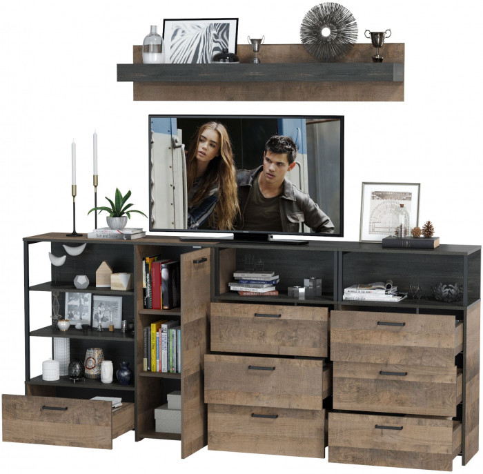 Трувор Гостиная 008, цвет дуб гранж песочный/интра, ШхГхВ 241х37х195 см., универсальная сборка