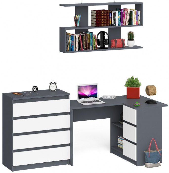 Мори компьютерный стол МС-16 правый + Комод МК800.4 + Полка 1200, графит/белый