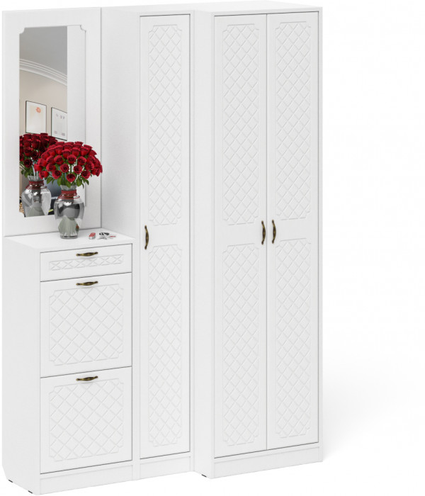 Прихожая П-6 Компоновка № 29, белая шагрень/фасады МДФ белое дерево фрезеровка ромб