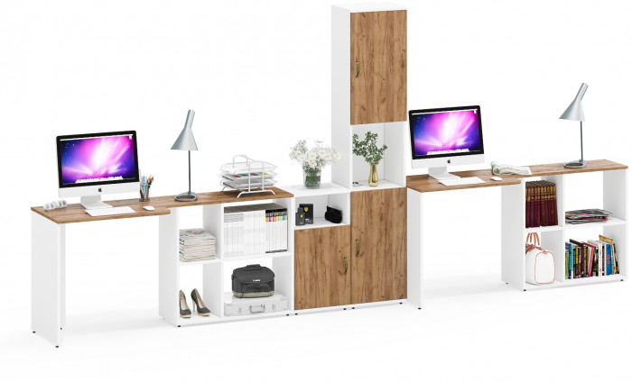 Лидер-8 Стол + Стол + Пенал + Тумба МД 3.19, белый шагрень/крафт золото