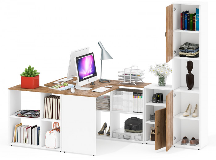 Лидер-8 Стол + Стол + Пенал + Тумба МД 3.19, белый шагрень/крафт золото