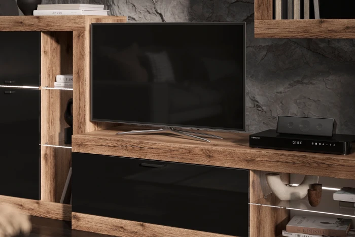 Прага Модульная Гостиная, вариант №1, Дуб Делано/Черный глянец