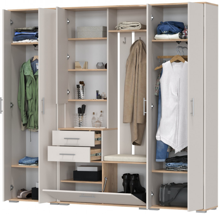 Прихожая Домино 4, цвет дуб крафт золотой/кашемир серый, ШхГхВ 220х36х202 см., универсальная сборка