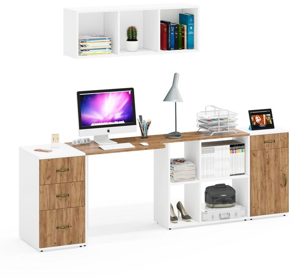 Лидер-8 Стол + Полка + Тумба МД 3.15 + Тумба МД 3.16, белый шагрень/крафт золото