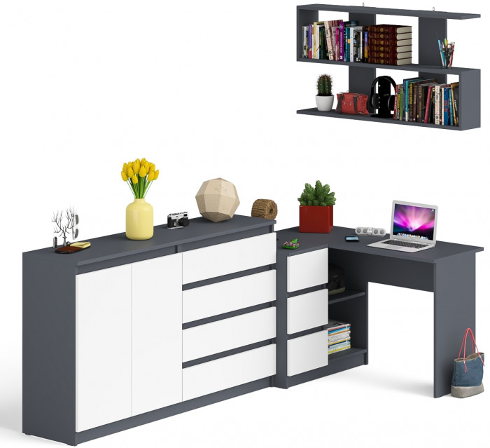 Мори компьютерный стол МС-16 левый + Комод МК1600.1 + Полка 1200, графит/белый