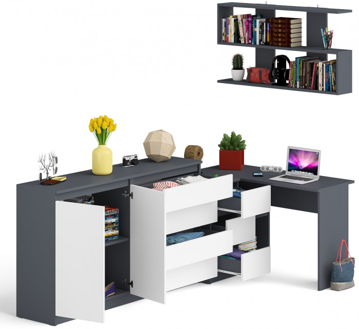 Мори компьютерный стол МС-16 левый + Комод МК1600.1 + Полка 1200, графит/белый