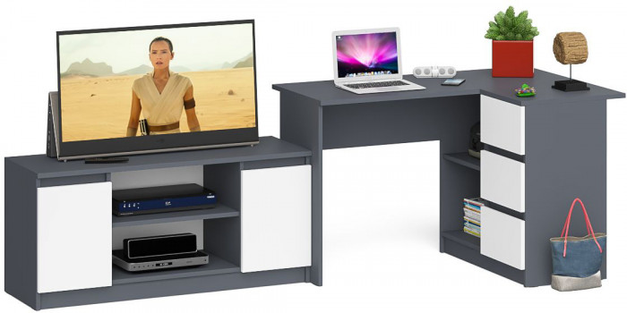 Мори Стол компьютерный МС-16 правый + Тумба МТВ1200.1, цвет графит/белый, ШхГхВ 244,8х84,9х76,6 см., выдвижные ящики справа, НЕ универсальная сборка