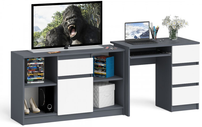 Мори Стол компьютерный МС-6 правый + Тумба МТВ1204.1, цвет графит/белый, ШхГхВ 210,4х50х76,6 см., выдвижные ящики справа, НЕ универсальная сборка